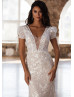 Short Sleeves Beaded Lace Tulle Sparkly Wedding Dress